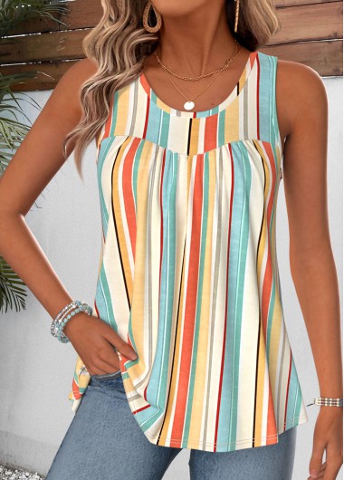 women clothes image of Multi Color Striped Curved Hem Sleeveless Tank Top