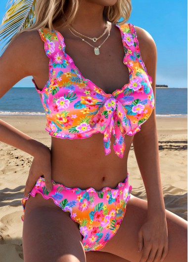 women clothes image of Pink Mid Waisted Scalloped Hem Floral Print Bikini Set
