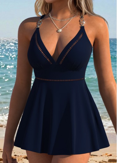 women clothes image of Navy Mid Waisted Patchwork Tankini Set