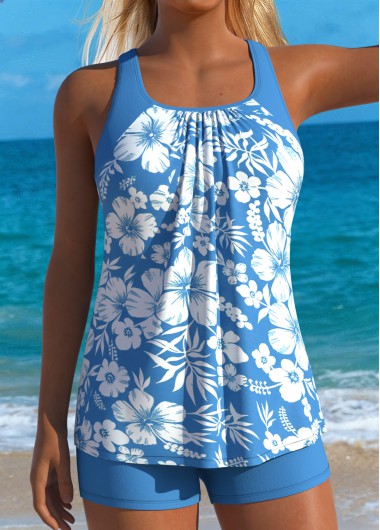 women clothes image of Sky Blue Mid Waisted Two-piece Floral Print Tankini Set