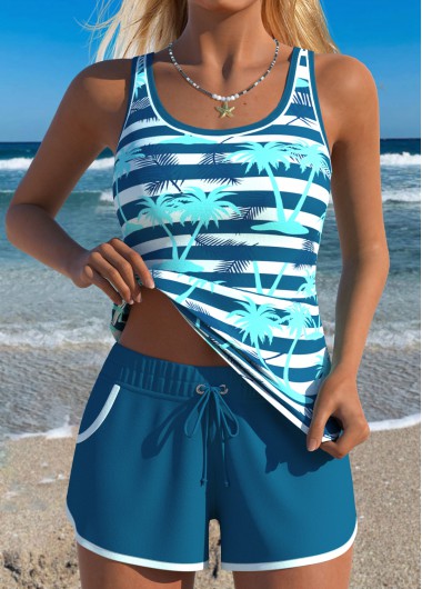 women clothes image of Blue Mid Waisted Two-piece Tropical Plants Print Tankini Set