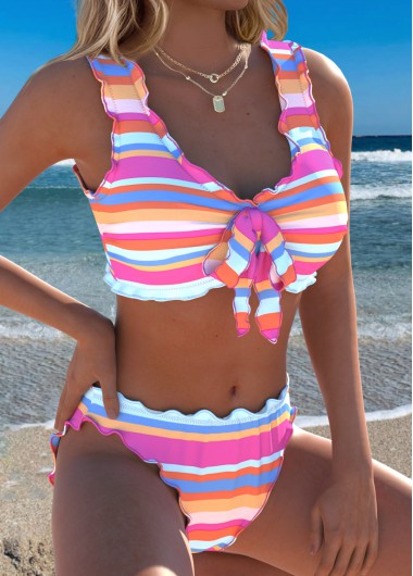 women clothes image of Multi Color Mid Waisted Scalloped Hem Striped Bikini Set