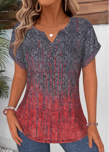 women clothes image of Multi Color Tribal Print Curved Hem T Shirt