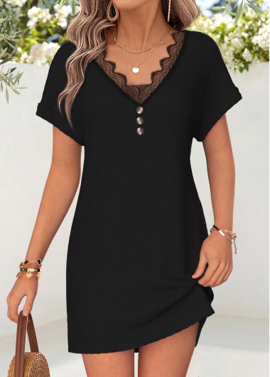 women clothes image of Black Short Patchwork V Neck Dress