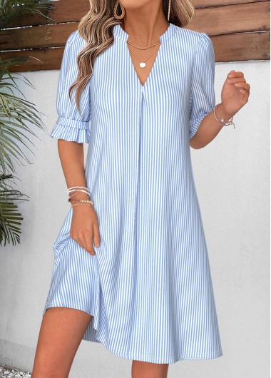 women clothes image of Blue Striped Short Shirred Half Sleeve Split Neck Dress