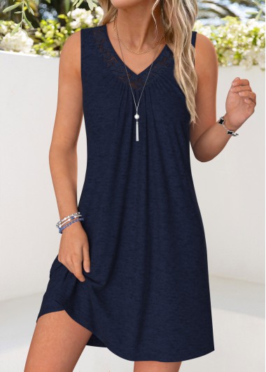women clothes image of Navy Short Patchwork Sleeveless V Neck Dress