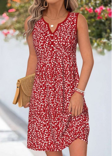 women clothes image of Red Ditsy Floral Print Short Patchwork Sleeveless Dress