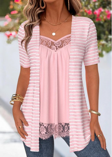 women clothes image of Pink Striped Short Sleeve Fake Two Piece Twinset