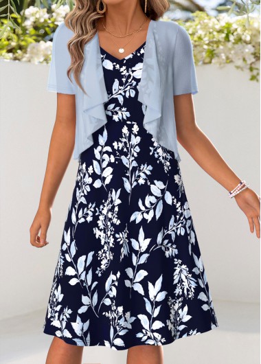 women clothes image of Light Blue Leaf Print Tummy Coverage Dress and Cardigan