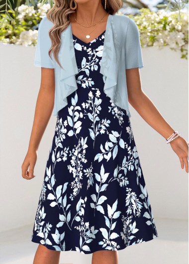 women clothes image of Light Blue Leaf Print Tummy Coverage Dress and Cardigan