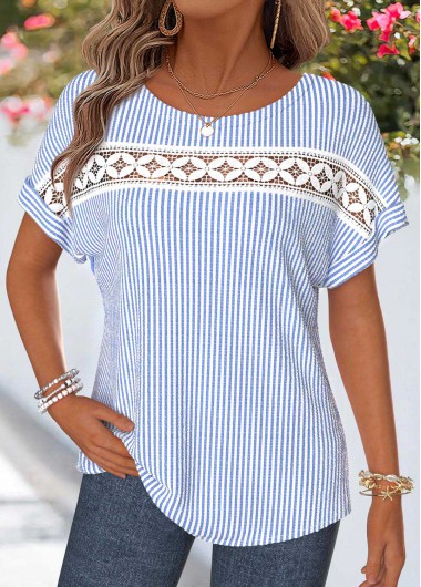 women clothes image of Blue Striped Patchwork Short Sleeve Round Neck T Shirt