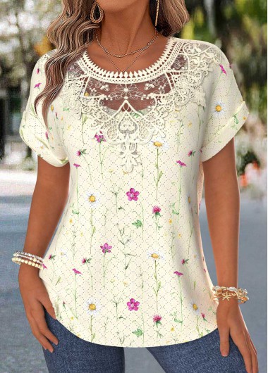 women clothes image of Light Yellow Floral Print Patchwork Short Sleeve Blouse