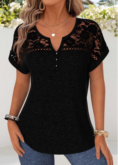 women clothes image of Black Patchwork Short Sleeve Split Neck Blouse