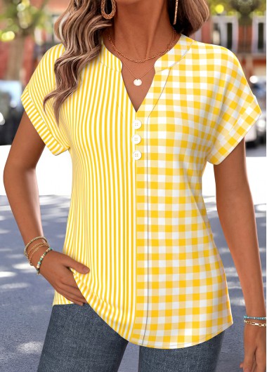 women clothes image of Yellow Striped Curved Hem Short Sleeve Split Neck Blouse