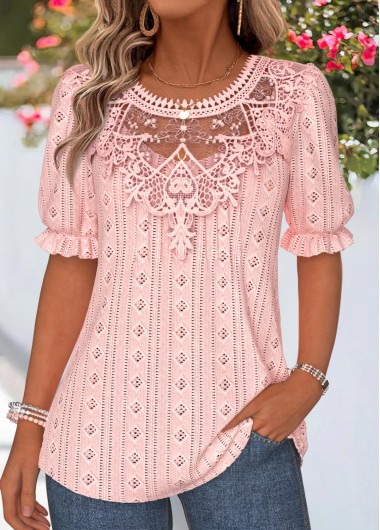 women clothes image of Pink Patchwork Short Sleeve V Neck T Shirt