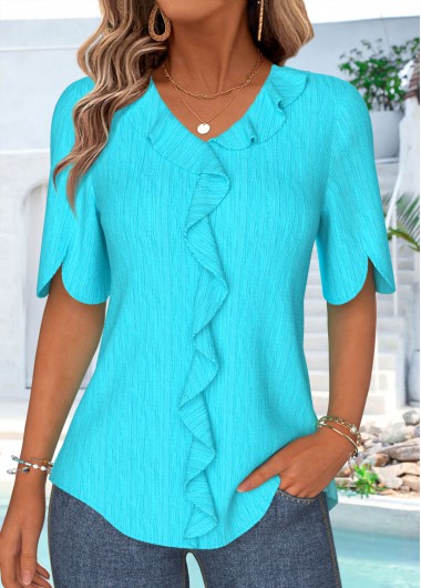 women clothes image of Cyan Ruffle Half Sleeve V Neck Blouse