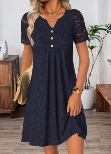 women clothes image of Navy Short Patchwork Split Neck Dress