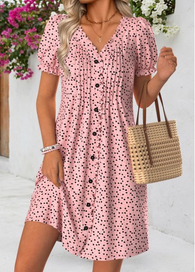 women clothes image of Pink Geometric Print Short Tuck Stitch V Neck Dress