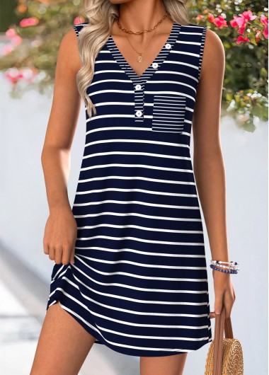 women clothes image of Navy Striped Short Tummy Coverage Sleeveless V Neck Dress