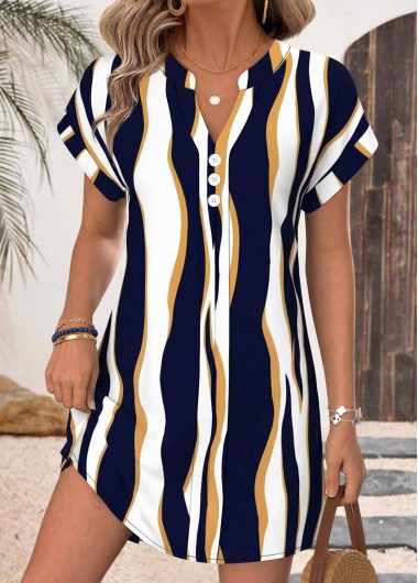 women clothes image of Navy Geometric Print Short Tummy Coverage V Neck Dress
