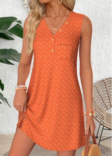 women clothes image of Orange Short Tummy Coverage Sleeveless V Neck Dress