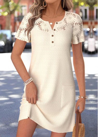 women clothes image of Beige Short Patchwork Split Neck Dress