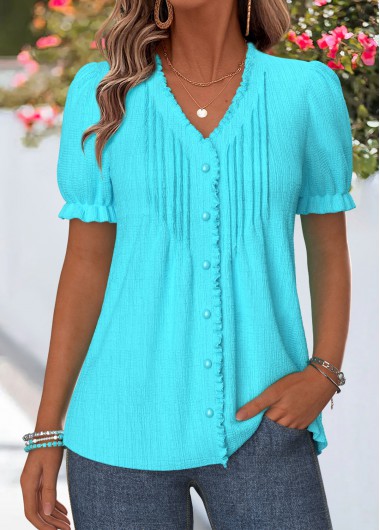 women clothes image of Cyan Frill Short Sleeve V Neck T Shirt