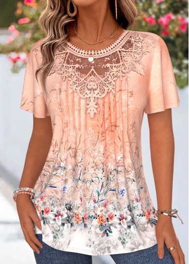 women clothes image of Orange Ombre Tuck Stitch Short Sleeve T Shirt