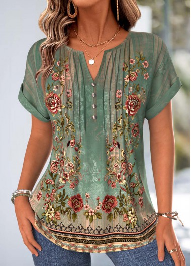 women clothes image of Sage Green Tribal Print Tuck Stitch T Shirt