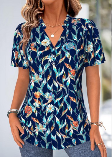 women clothes image of Navy Leaf Print Frill Short Sleeve V Neck Blouse