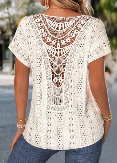 women clothes image of Beige Patchwork Short Sleeve V Neck T Shirt