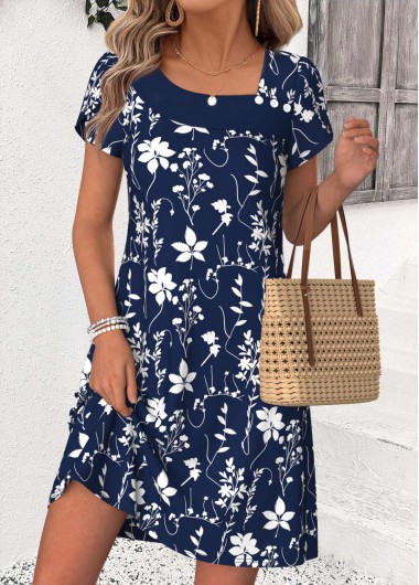 women clothes image of Navy Leaf Print Short Patchwork Asymmetrical Neck Dress