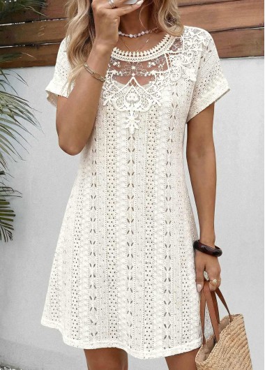 women clothes image of Beige Short Patchwork Round Neck Dress