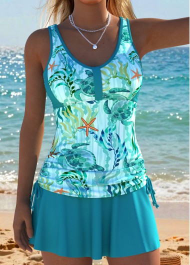 women clothes image of Cyan Mid Waisted Ruched/shirred Marine Life Print Tankini Set