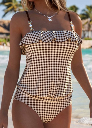 women clothes image of Dark Coffee Mid Waisted Ruffle Plaid Tankini Set