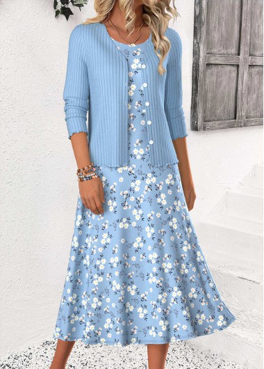 women clothes image of Blue Ditsy Floral Print Dress and Cardigan
