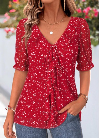 women clothes image of Red Polka Dot Ruffle Half Sleeve V Neck Blouse