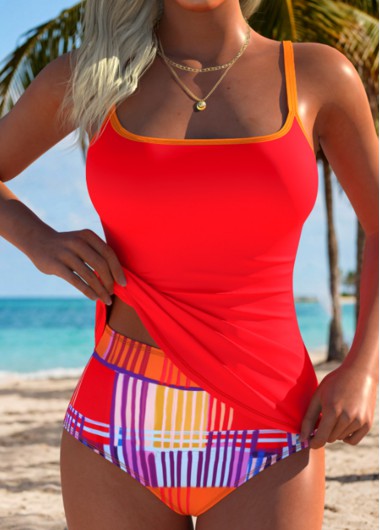 women clothes image of Red Mid Waisted Wrap Geometric Print Tankini Set