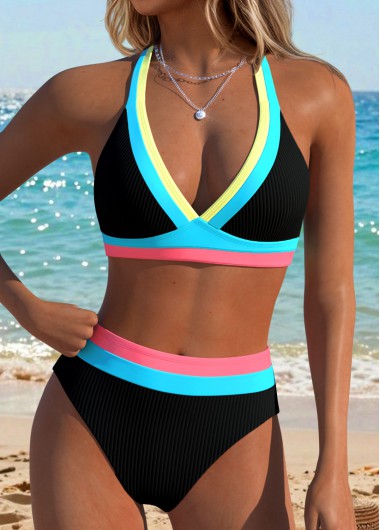 women clothes image of Black Mid Waisted Patchwork Bikini Set