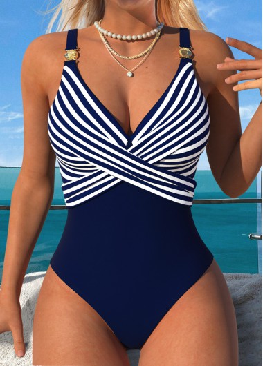 women clothes image of Navy Criss Cross Striped One Piece Swimwear