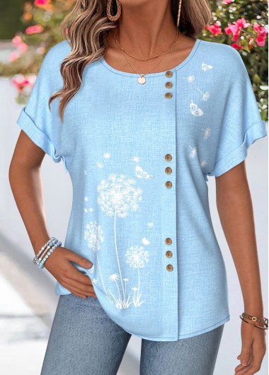 women clothes image of Light Blue Floral Print Tummy Coverage T Shirt