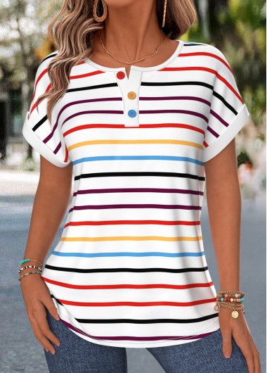 women clothes image of Multi Color Button Short Sleeve Boat Neck T Shirt