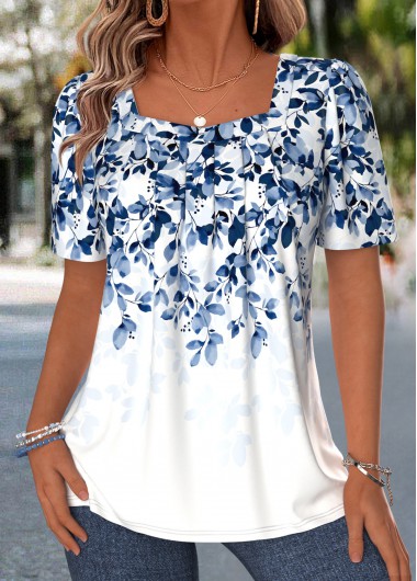 women clothes image of Blue Leaf Print Short Sleeve Square Neck T Shirt