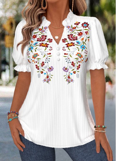 women clothes image of White Floral Print Curved Hem Short Sleeve Blouse