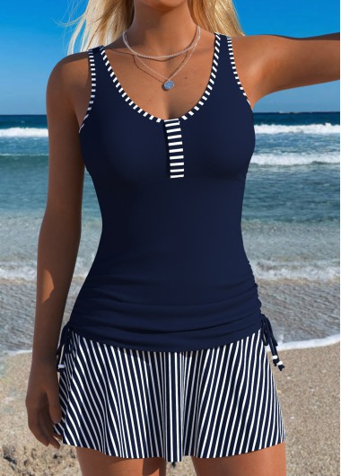 women clothes image of Navy Mid Waisted Ruched Striped Tankini Set