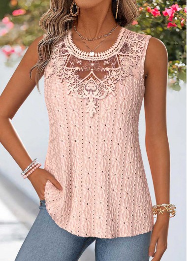 women clothes image of Pink Patchwork Sleeveless Round Neck Tank Top