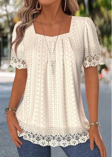 women clothes image of Beige Patchwork Short Sleeve Square Neck T Shirt