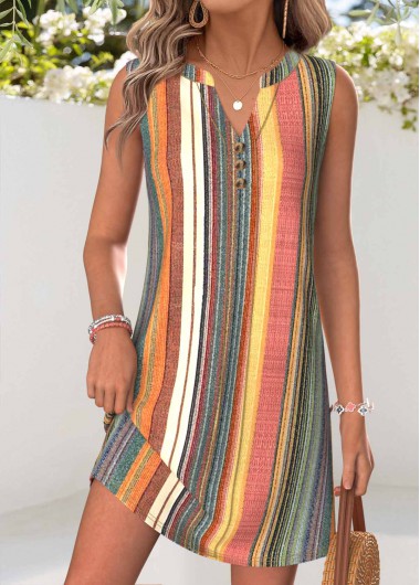 women clothes image of Multi Color Striped Short Tummy Coverage Sleeveless Dress