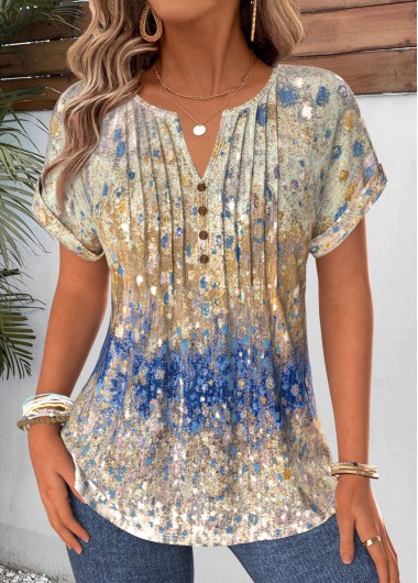 women clothes image of Multi Color Ombre Tuck Stitch Short Sleeve T Shirt