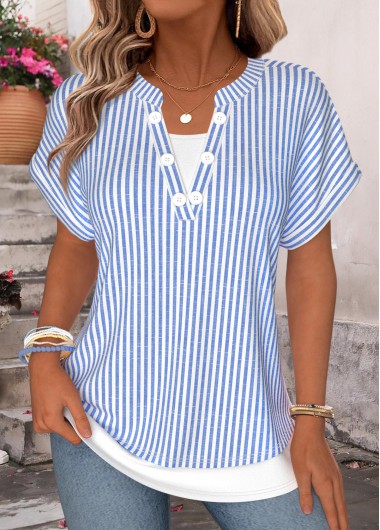 women clothes image of Blue Striped Fake 2in1 Short Sleeve T Shirt